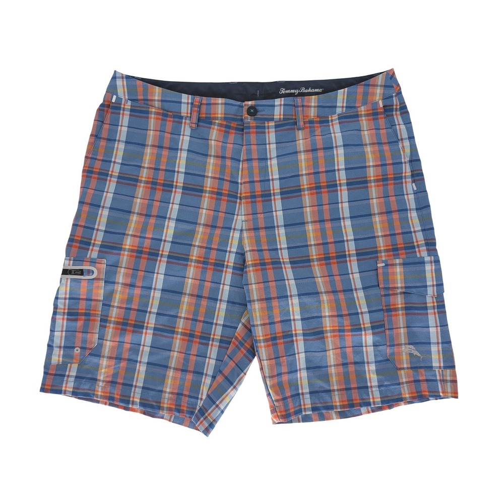 Tommy Bahama Cargo Shorts Mens 38 Blue Orange Plaid Stretch Hybrid Performance